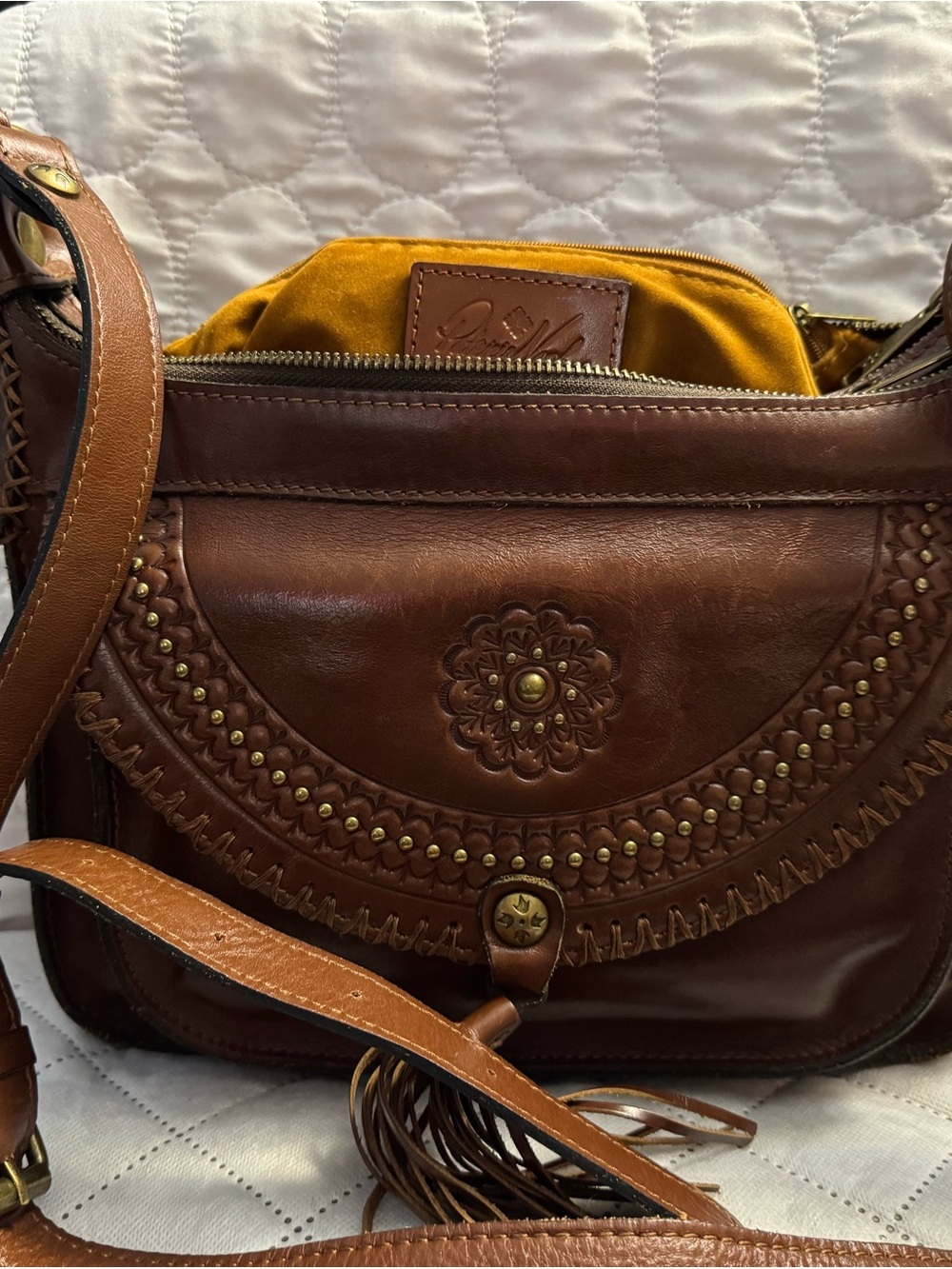 Patricia Nash Brown Leather Shoulder Bag with Mustard Interior